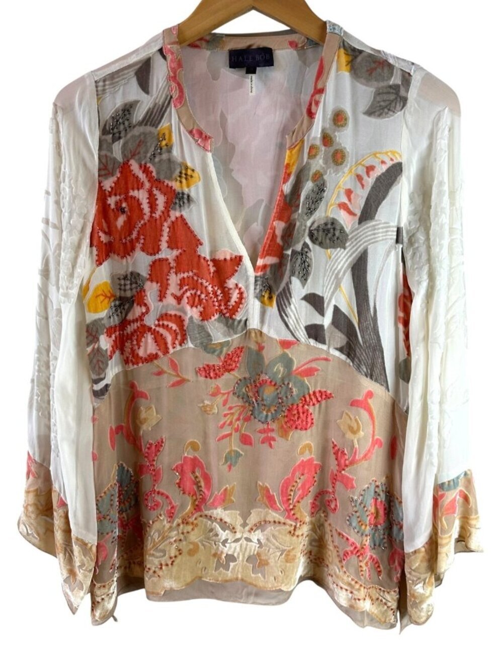 Hale Bob Silk Velvet Burnout Beaded Floral Boho Tunic Blouse Size S - Picture 2 of 7